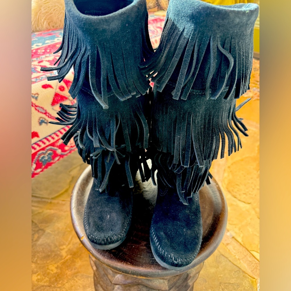 Minnetonka triple fringe mid calf suede boots